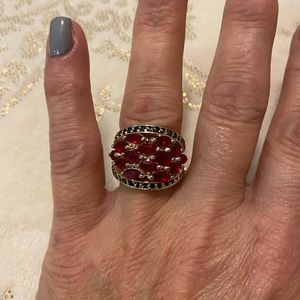 Beautiful Dome Ring with Red Marquis and Blue Round CZ Stones, Sterling Silver